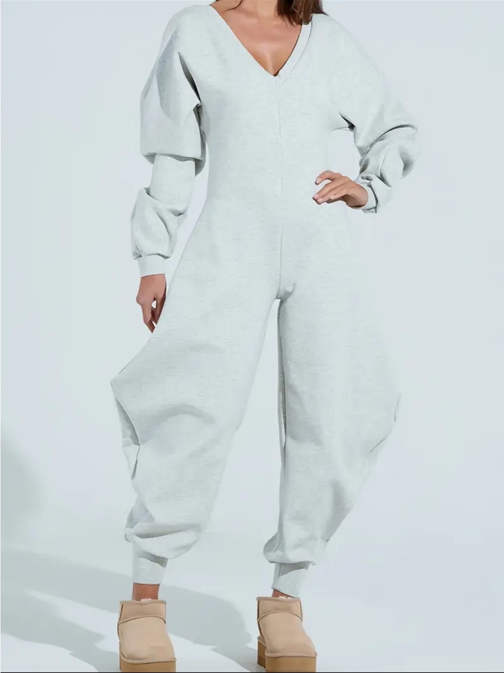 V-Neck, Sexy Long-Sleeve Jumpsuit in gray